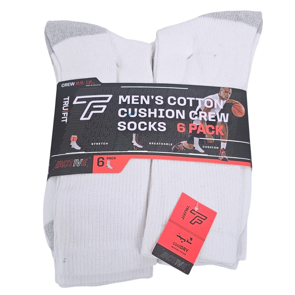 Tru Fit Men Active Cotton Cushion Crew Socks 6 Pack White Grey 1024-6 Size 10-13